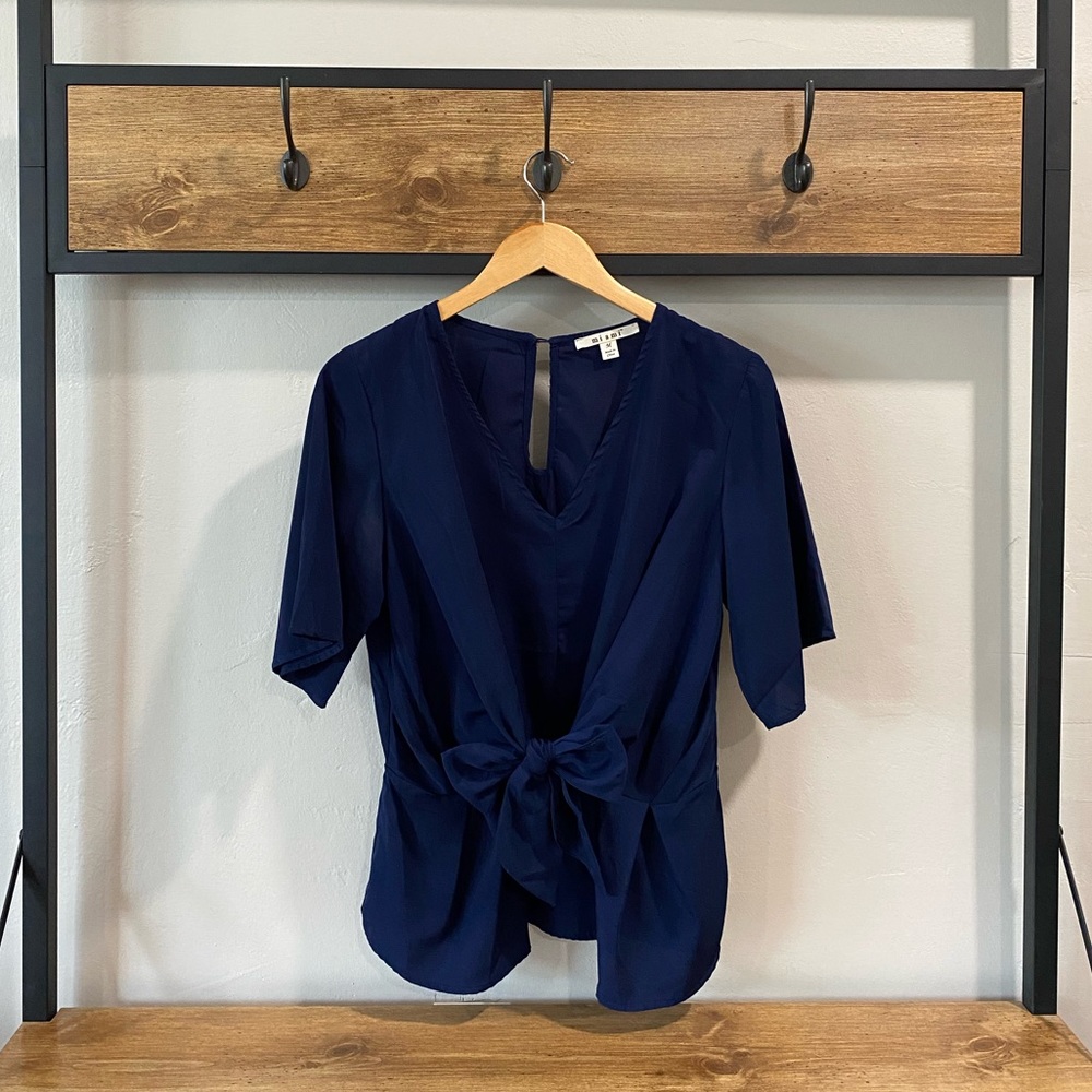 Navy Blouse- Flattering Bow Tie Front
